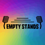 "EMPTY STANDS"-Logo mit schwarzen Stadionflutlichtmasten und Tribünenlinien auf einem regenbogenfarbenen Hintergrund.