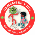 Runder Sticker mit rotem Rand und der Aufschrift "REMEMBER KIDS - COVID WILL HARM YOU". In der Mitte eine Comic-Zeichnung: Links ein grün-grimmig dreinschauendes Virus mit Zacken und Augen, das mit erhobenem Finger spricht. Rechts steht ein Kind mit dunklen Locken, rosa-türkisem Trikot und Schal, auf dem "KONÉ 9" steht. Das Kind schaut nachdenklich auf das Virus. Unten im Sticker ist das Logo "Empty Stands" zu sehen.